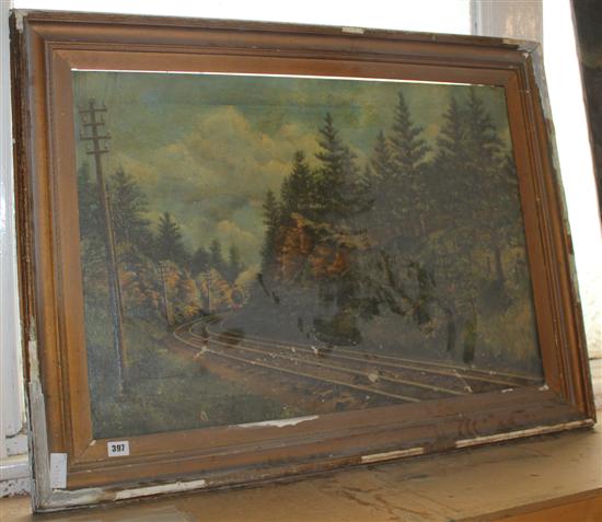 Painting of a train in landscape